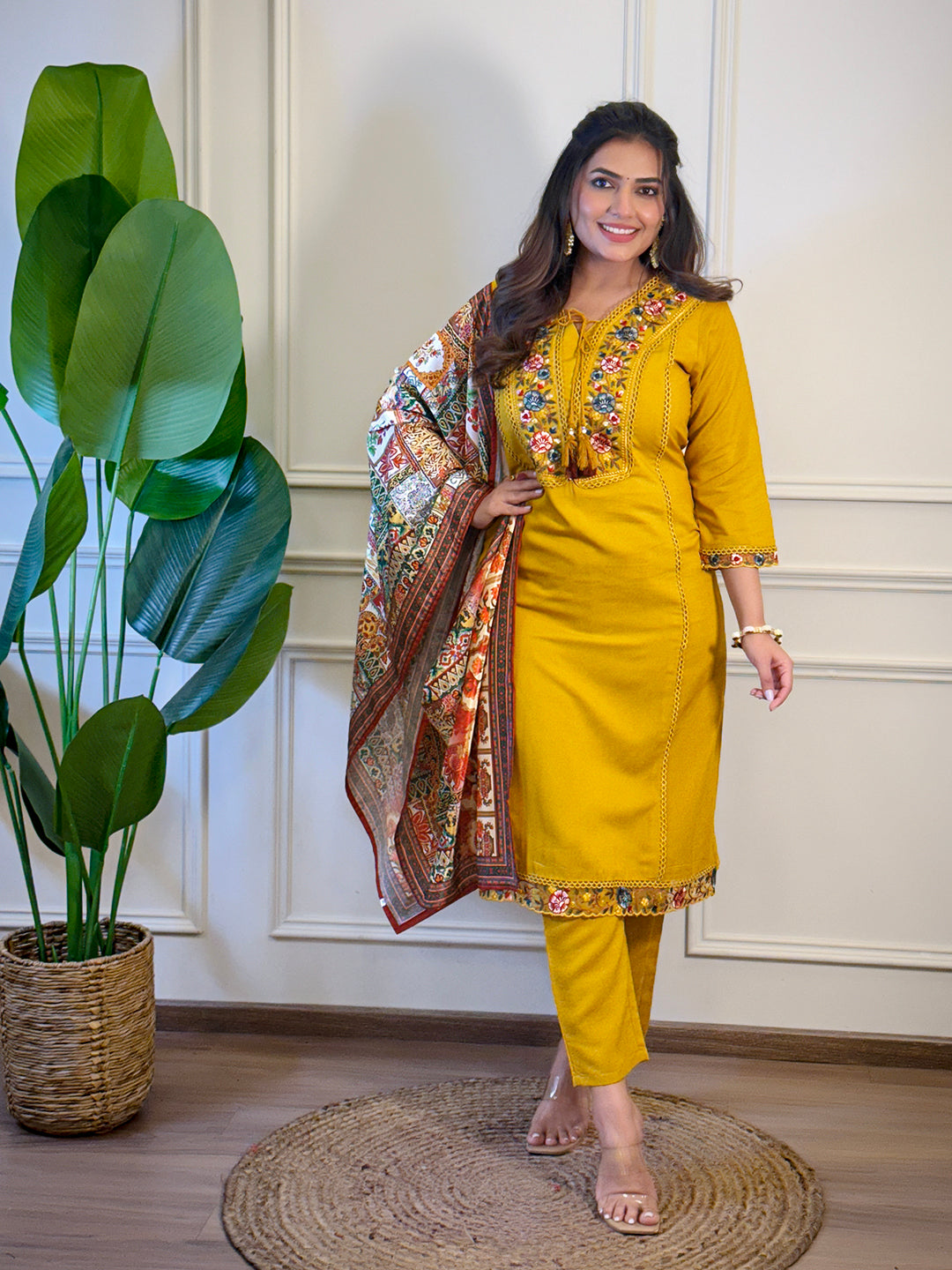Women's Gorgeous Viscose Embroidery Straight Kurta with Pant And Dupatta Set Mustard 3887