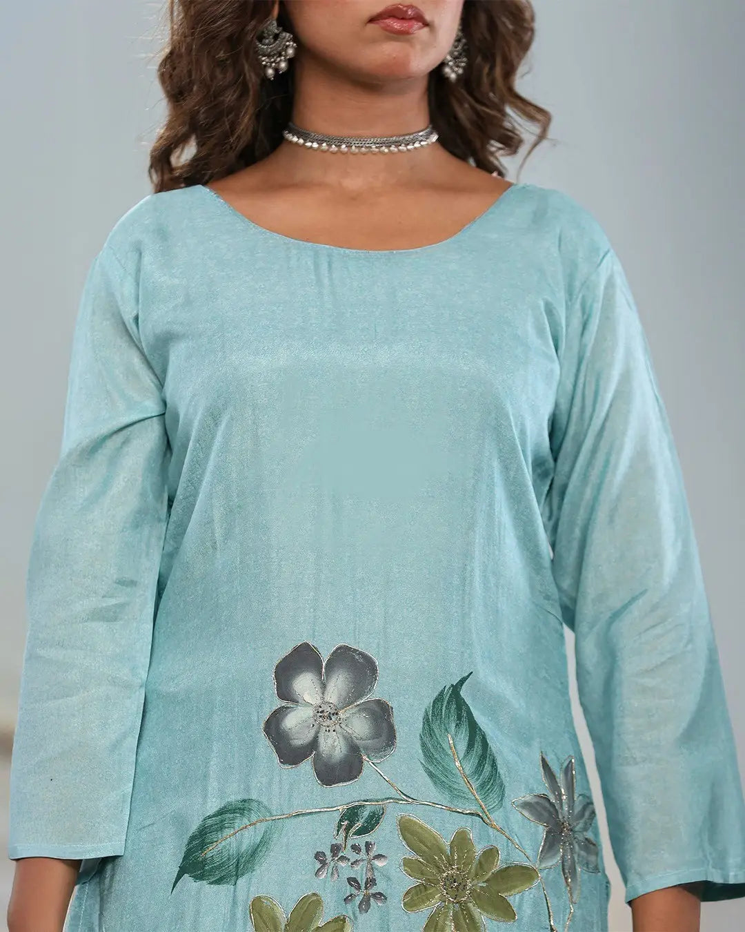 Women's Beautiful Franch Crab Fabric Printed Work Straight Kurta Pant and Dupatta Set