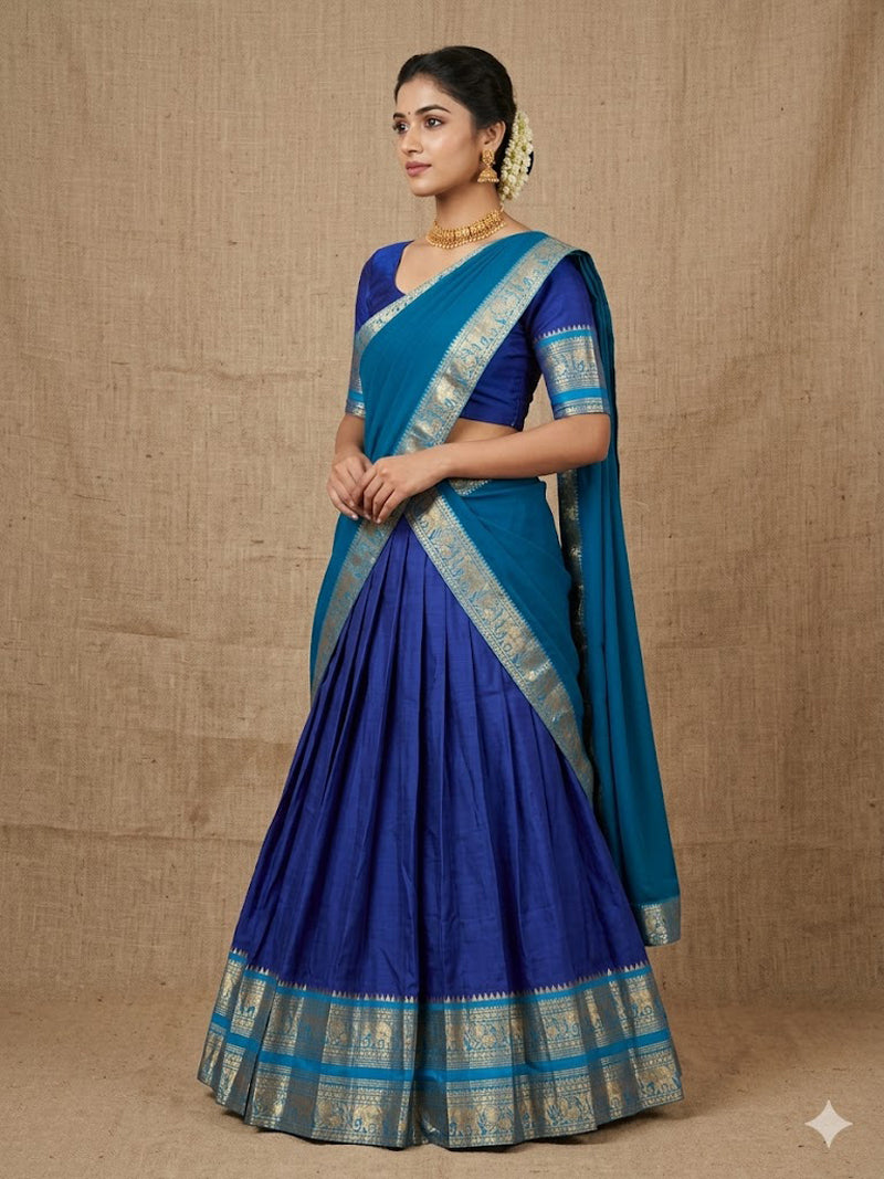 Blue Kanchi Cotton Zari Weaving Work Semi-stitched Lehenga Choli with Dupatta