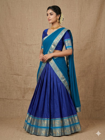 Blue Kanchi Cotton Zari Weaving Work Semi-stitched Lehenga Choli with Dupatta