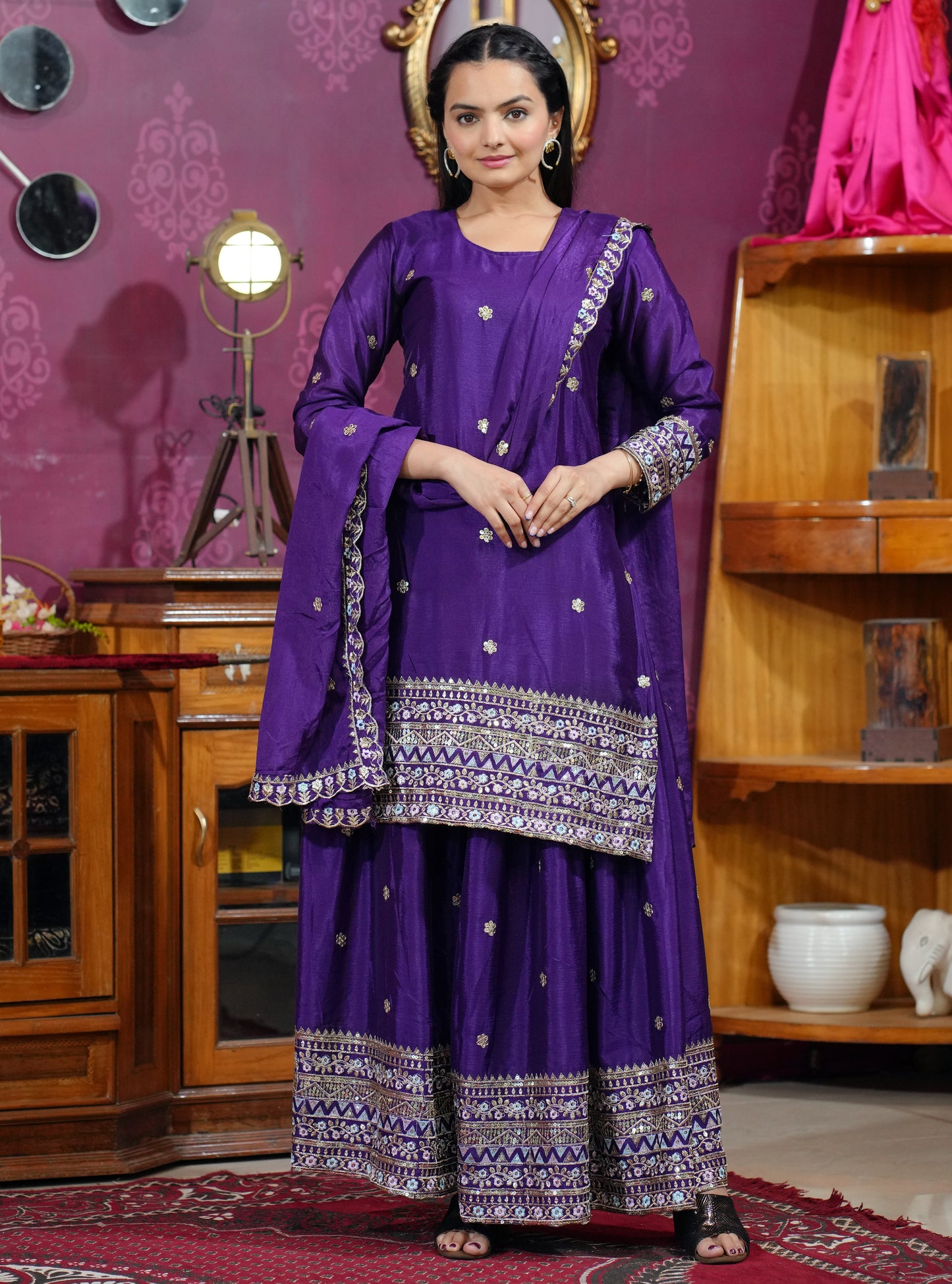 Women's Chinon fabric Embroidery work Kurta with Sharara and Dupatta set 83
