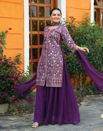 Women's Beautiful Embroidery Tapeta Silk Fabric Straight Kurta Sharara and Dupatta Set