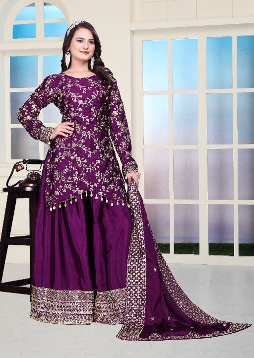 Women's Heavy Chinon Embroidery work Kurta with Sharara and Dupatta set