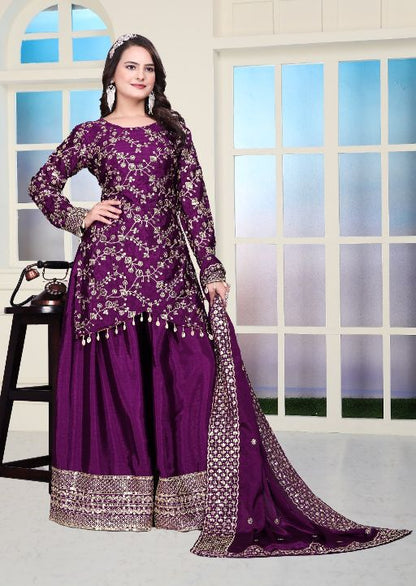 Women's Heavy Chinon Embroidery work Kurta with Sharara and Dupatta set