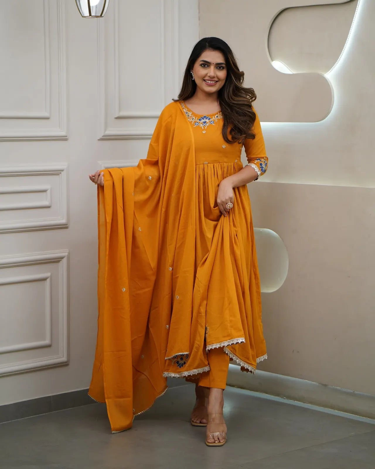 Women's Gorgeous Viscose Fabric Embroidery Work Flared Kurta Pant and Dupatta Set