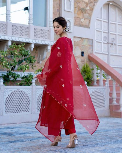 Beautiful Embroidered Chanderi Fabric Flared Kurta, Pant and Dupatta Set