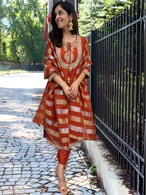 Women's Gorgeous Embroidery work Chanderi Fabric Straight Kurta, Pant and Dupatta Set