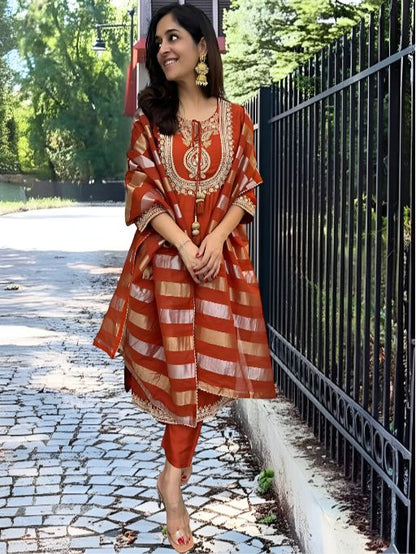 Women's Gorgeous Embroidery work Chanderi Fabric Straight Kurta, Pant and Dupatta Set