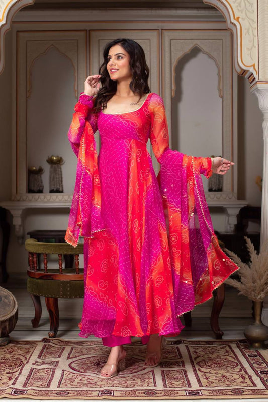 Women Gorgeous Digital Printed Faux Georgette Fabric Flared Anarkali, Pant and Dupatta Set