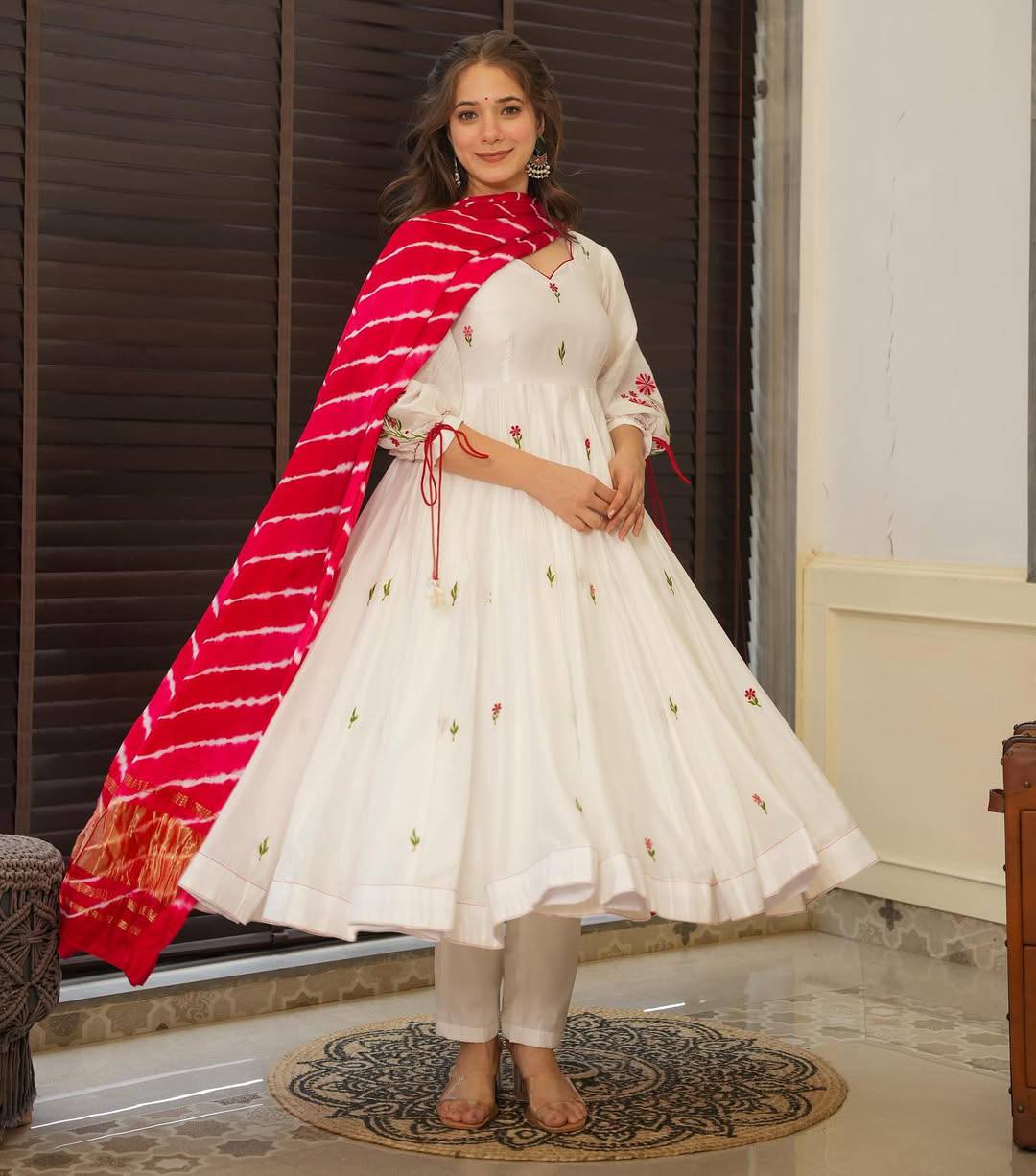Women's Beautiful Chanderi Fabric Thread work Flared Anarkali with Pant And Dupatta Set