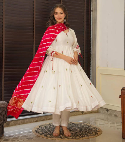 Women's Beautiful Chanderi Fabric Thread work Flared Anarkali with Pant And Dupatta Set