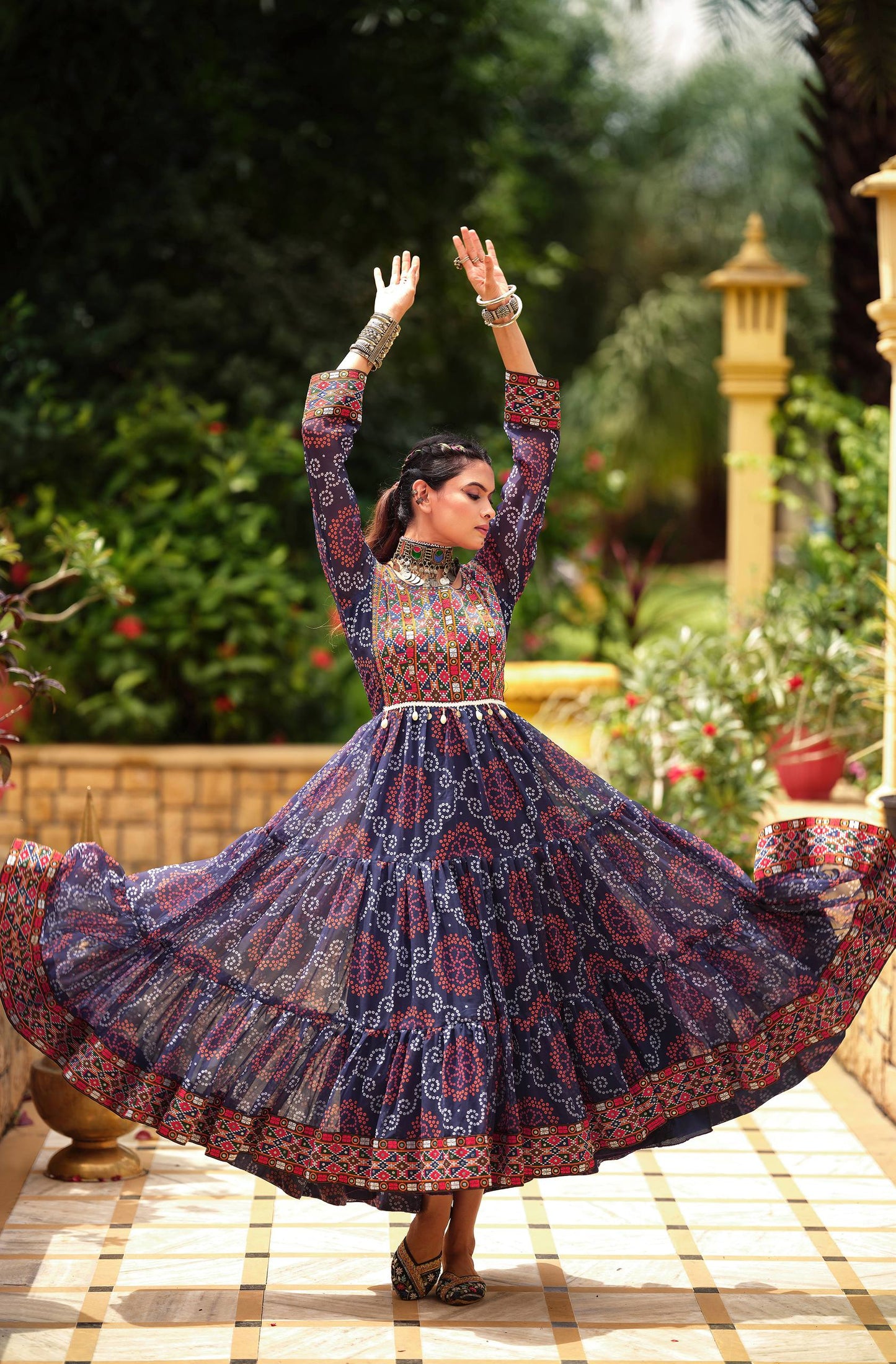 Women Gorgeous Bandhani Printed Faux Georgette Fabric with Flared Gown
