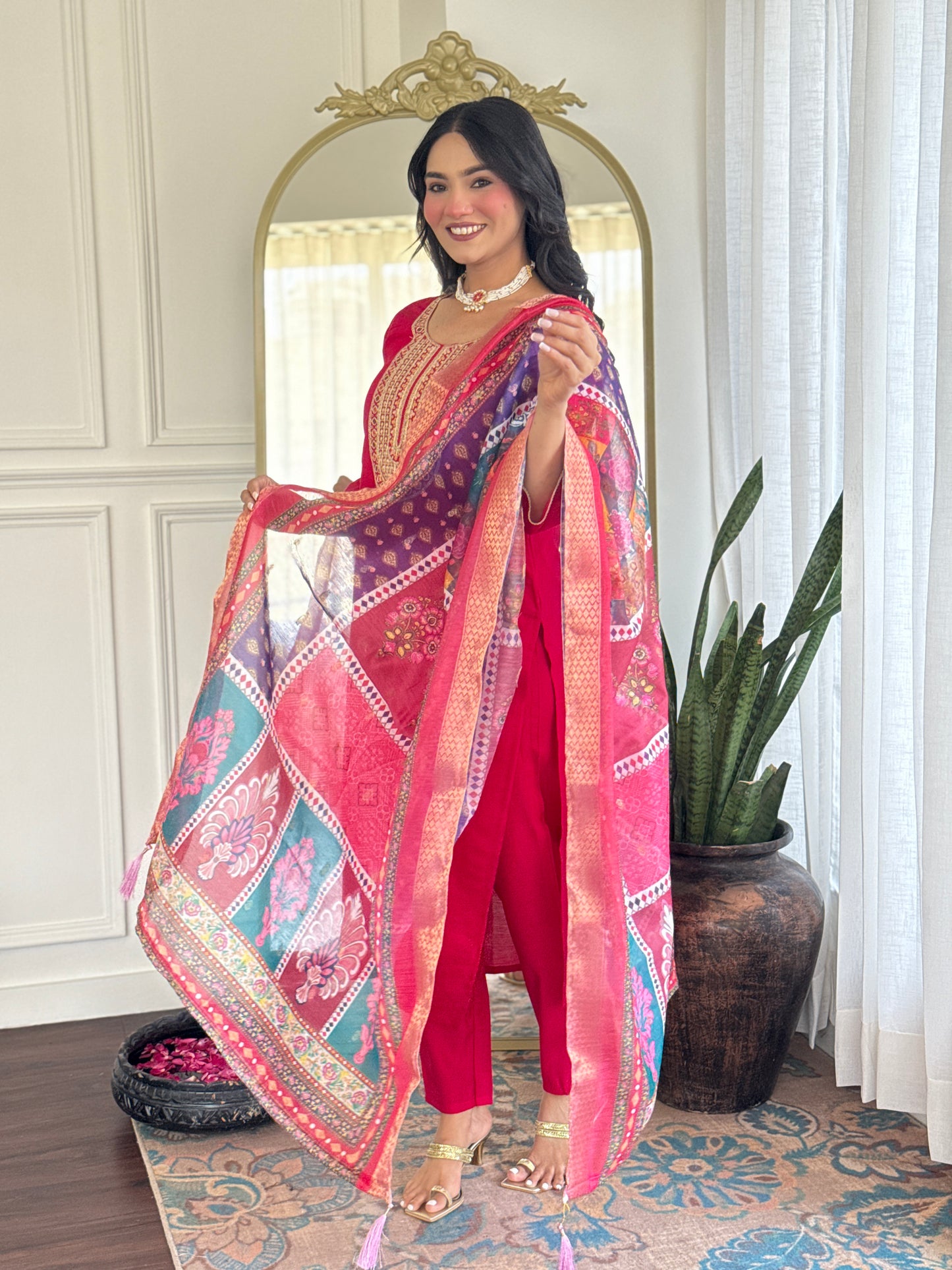 Gorgeous Embroidery Chanderi Silk Fabric Straight Kurta Pant with Dupatta Set