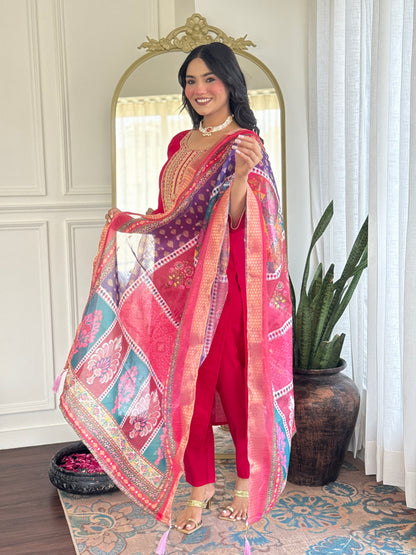 Gorgeous Embroidery Chanderi Silk Fabric Straight Kurta Pant with Dupatta Set