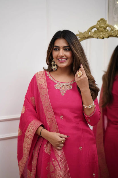 Women's Gorgeous Embroidery Viscose Chanderi Fabric Straight Kurta Pant with Dupatta Set Gaajri