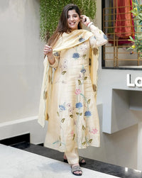 White Women's Cotton Fabric Straight Kurta, Pant and Dupatta Set 4073