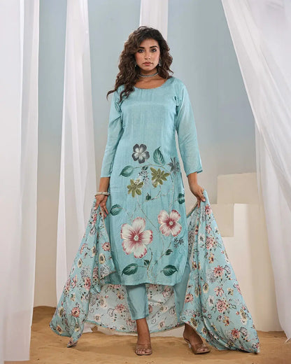 Women's Beautiful Franch Crab Fabric Printed Work Straight Kurta Pant and Dupatta Set