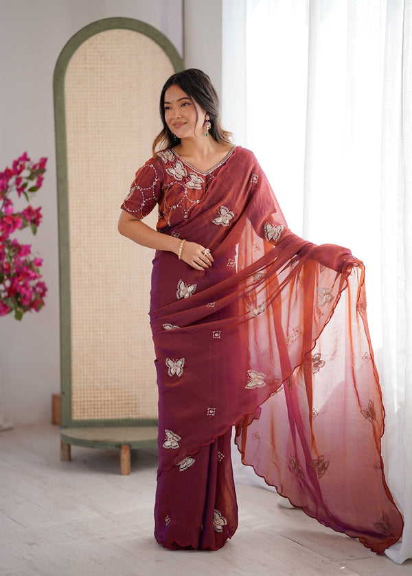 Rust Heavy Fendy satin With Butterfly Embroidered Beads Work saree With Unstitched Blouse