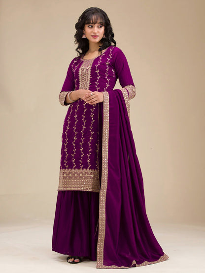 Beautiful Embroidered Vichitra Silk Fabric Straight Kurta, Palazzo and Dupatta Set