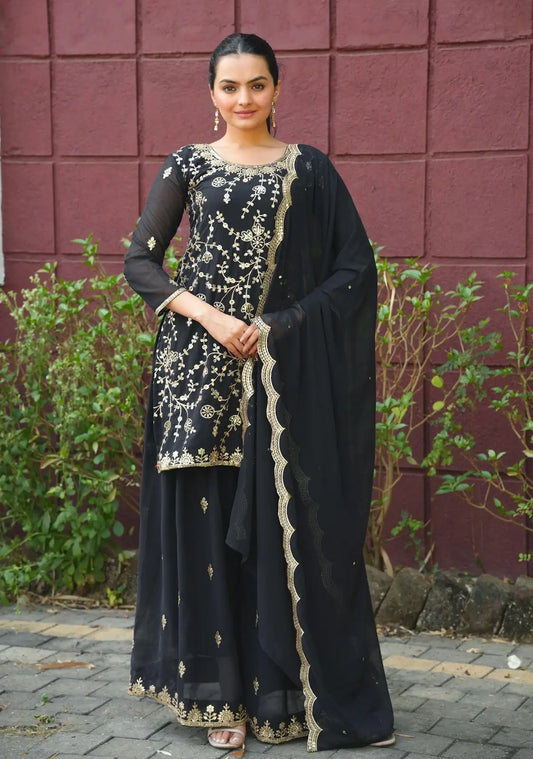 Women's Beautiful Embroidery Fox Georgette Fabric Straight Kurta Sharara and Dupatta Set