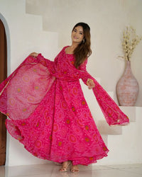 PURE SOFT ROMAN SILK CHANDERI DISCHARGE PRINT FABRIC FULLY FLAIR KEDIYA STYLE KURTA,WITH DUPATTA SET