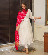 Women's Beautiful Chanderi Fabric Thread work Flared Anarkali with Pant And Dupatta Set