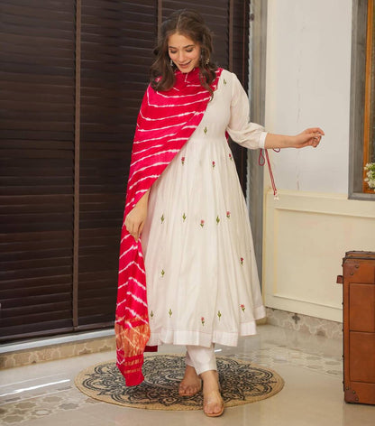 Women's Beautiful Chanderi Fabric Thread work Flared Anarkali with Pant And Dupatta Set
