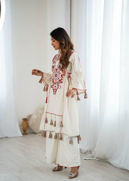 Women Beautiful Thread Work Pure Khadi Cottan Fabric with Flared Kurta, Palazzo Set
