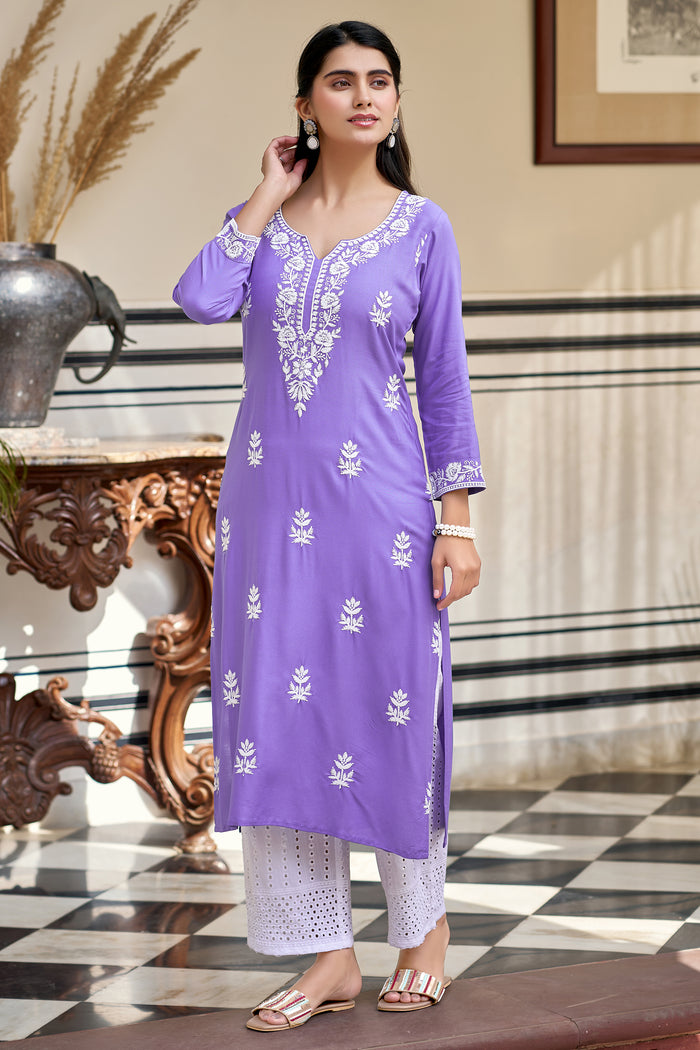 Women's Gorgeous Chikankari work Pure Rayon Fabric Straight Kurta, Pant Set
