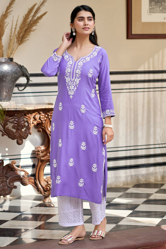 Women's Gorgeous Chikankari work Pure Rayon Fabric Straight Kurta, Pant Set