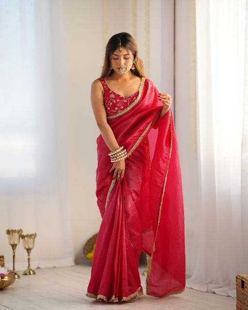 READY TO WEAR PRE DRAPED READY TO WEAR SAREE WITH FULL STITCHED BLOUSE PREMIUM GOLD CRUSH TISSUE SILK FABRIC