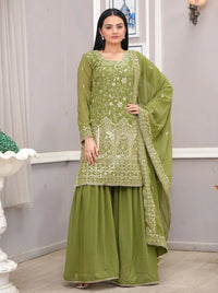 Women's Gorgeous Heavy Embroidery Fox Georgette Fabric Straight Kurta Sharara and Dupatta Set