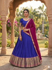 Royalblue Kanchi Cotton Zari Weaving Work Semi-stitched Lehenga Choli with Dupatta