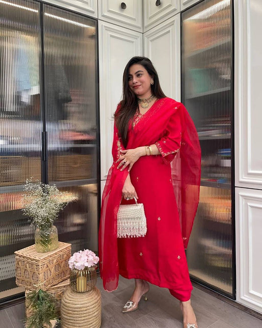 Beautiful Embroidery Rayon Fabric Straight Kurta Pant with Dupatta Set