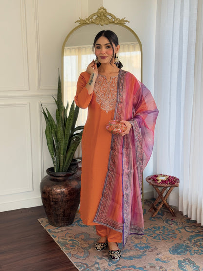 Women Gorgeous Embroidery Rayon Fabric with Straight Kurta, Pant and Dupatta Set