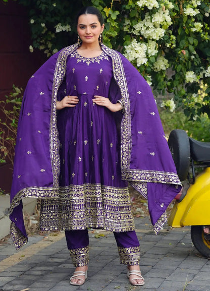 Women's Gorgeous Embroidery Work Chinon Fabric Flared Kurta Pant and Dupatta Set