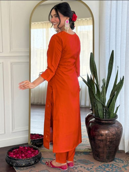 Women Gorgeous Roman Silk Fabric Straight Kurta, Pant and Dupatta Set M