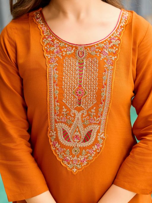 Women's Gorgeous Embroidery work Rayon Fabric Straight Kurta, Pant and Dupatta Set