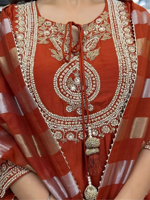 Women's Gorgeous Embroidery work Chanderi Fabric Straight Kurta, Pant and Dupatta Set