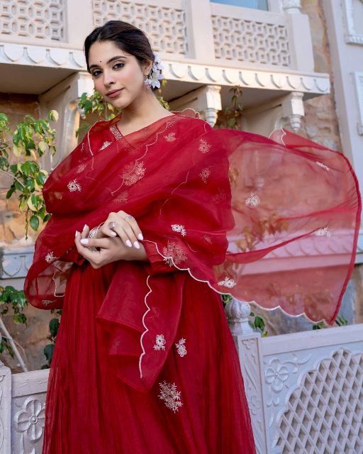 Beautiful Embroidered Chanderi Fabric Flared Kurta, Pant and Dupatta Set