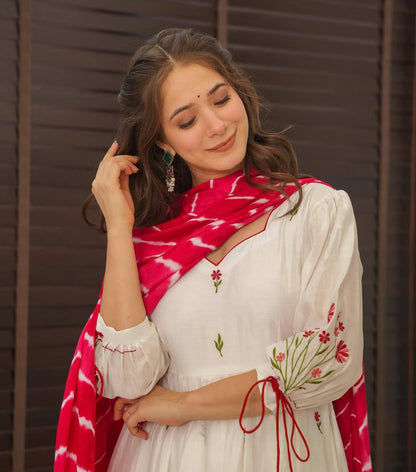 Women's Beautiful Chanderi Fabric Thread work Flared Anarkali with Pant And Dupatta Set
