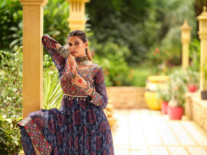 Women Gorgeous Bandhani Printed Faux Georgette Fabric with Flared Gown