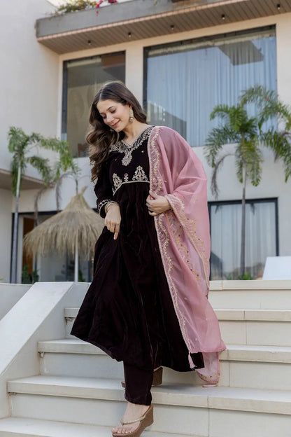 Women's Beautiful Velvet Fabric Embroidery Work Flared Anarkali Pant and Dupatta Set