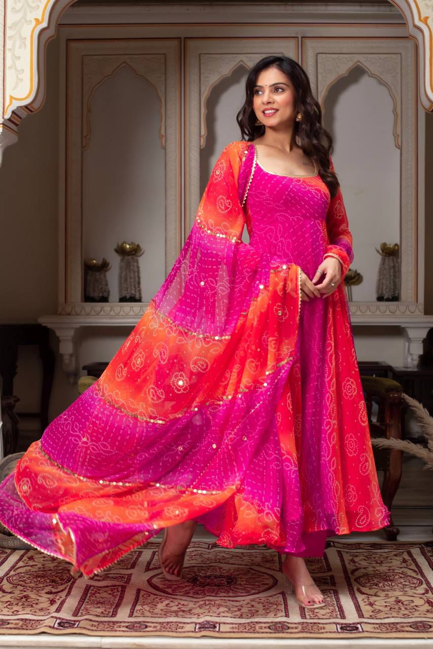 Women Gorgeous Digital Printed Faux Georgette Fabric Flared Anarkali, Pant and Dupatta Set