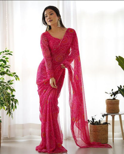 These are results for Our Latest collection of Ready to Wear saree bandhej printed is timeless addition