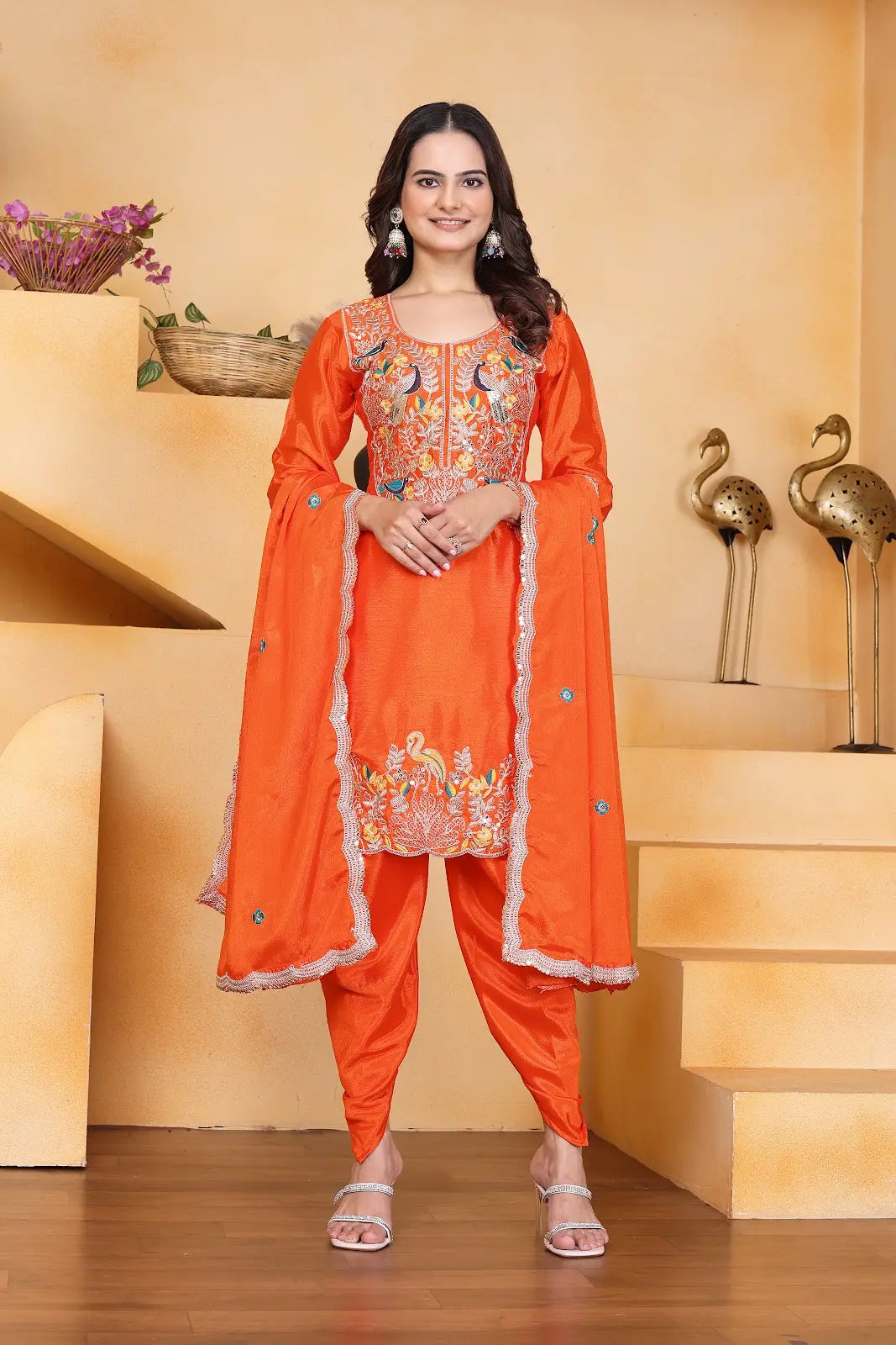 Women's Gorgeous Embroidery Work Chinon Fabric Straight Kurta Dhoti and Dupatta Set