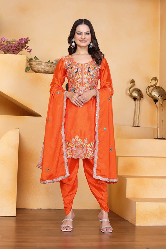 Women's Gorgeous Embroidery Work Chinon Fabric Straight Kurta Dhoti and Dupatta Set