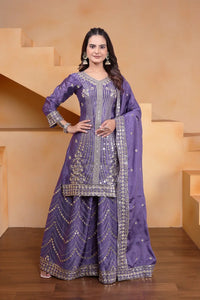 Women's Gorgeous Embroidery Work Chinon Fabric Straight Kurta Sharara and Dupatta Set-118