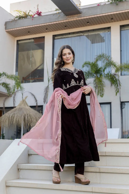 Women's Beautiful Velvet Fabric Embroidery Work Flared Anarkali Pant and Dupatta Set