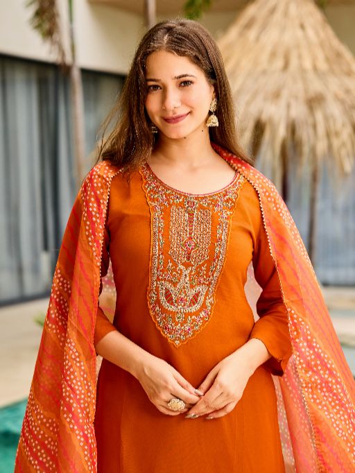 Women's Gorgeous Embroidery work Rayon Fabric Straight Kurta, Pant and Dupatta Set